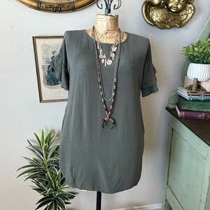 ee: some 100% Linen Olive‎ Green Ruffle Flounce Sleeve Blouse Sz S
